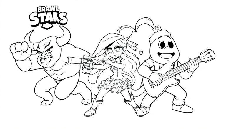 Schwarz-weiß Farbtafel von Brawl Stars Charakteren: Bull, Colt und Tick zum Ausmalen.