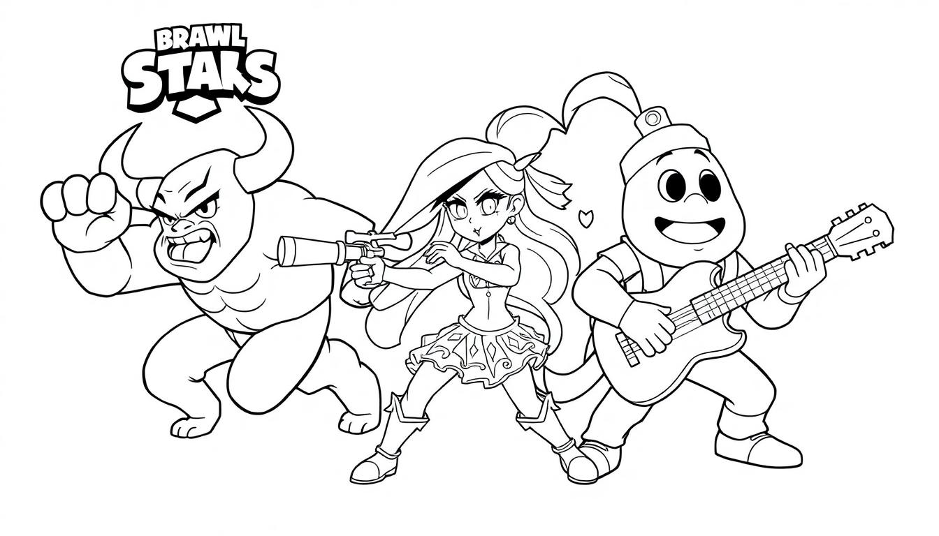 Schwarz-weiß Farbtafel von Brawl Stars Charakteren: Bull, Colt und Tick zum Ausmalen.