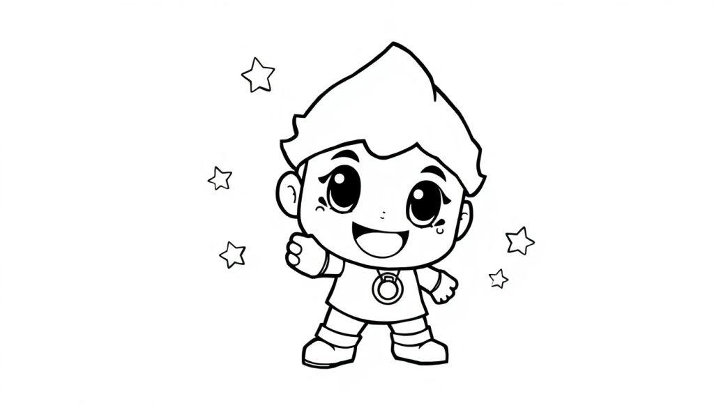 Schwarz-weiße Farbtafel einer Brawl Stars Figur mit großen Augen und einem Lächeln, die zum Ausmalen bereit ist.
