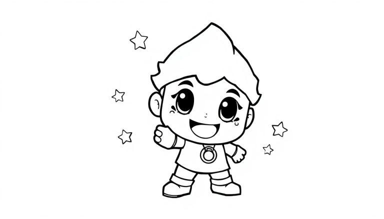 Schwarz-weiße Farbtafel einer Brawl Stars Figur mit großen Augen und einem Lächeln, die zum Ausmalen bereit ist.