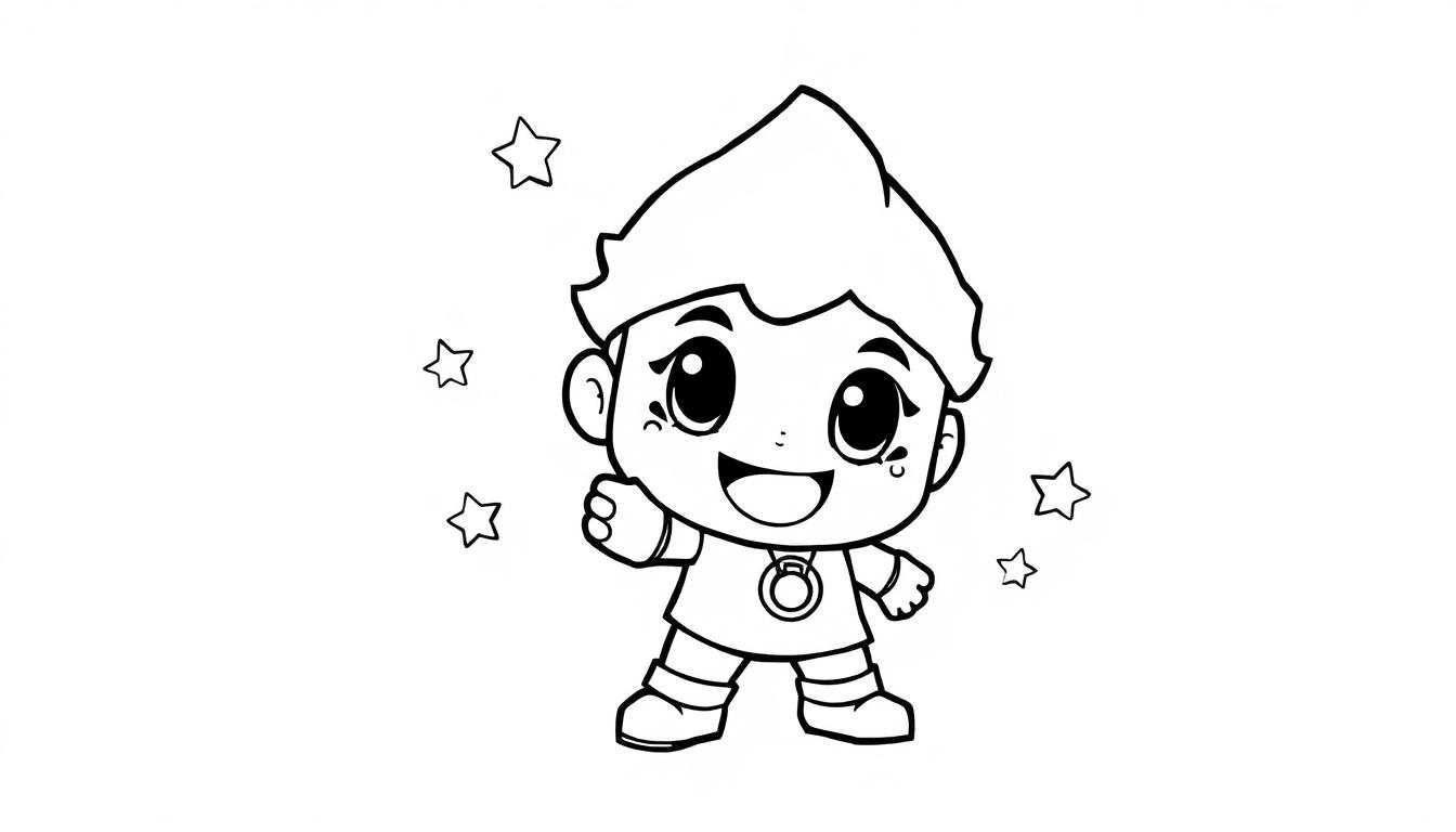 Schwarz-weiße Farbtafel einer Brawl Stars Figur mit großen Augen und einem Lächeln, die zum Ausmalen bereit ist.