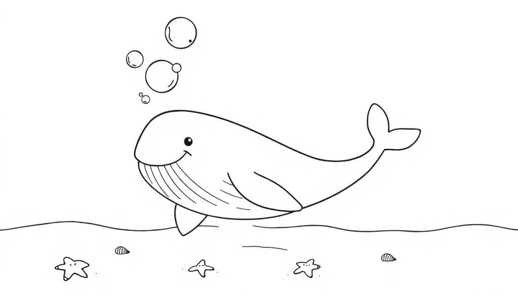 Eine Schwarz-Weiß-Farbtafel eines lächelnden Cartoon-Wals, der Luftblasen unter Wasser erzeugt, mit Seesternen und Muscheln auf dem Meeresboden.