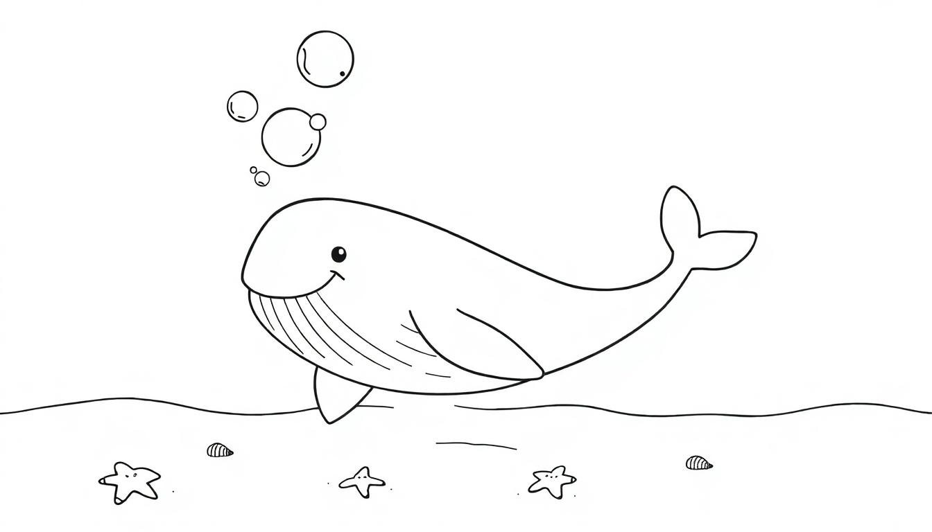 Eine Schwarz-Weiß-Farbtafel eines lächelnden Cartoon-Wals, der Luftblasen unter Wasser erzeugt, mit Seesternen und Muscheln auf dem Meeresboden.