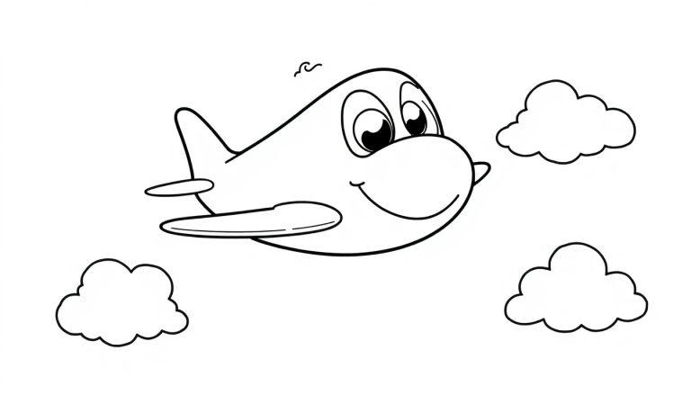Eine Schwarz-Weiß-Farbtafel eines freundlichen Cartoon-Flugzeugs mit großen Augen und einem Lächeln, das durch die Wolken fliegt.