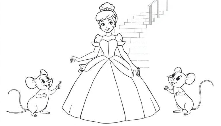 Aschenputtel im Ballkleid mit Mäusen, bereit zum Ausmalen (Farbtafel).