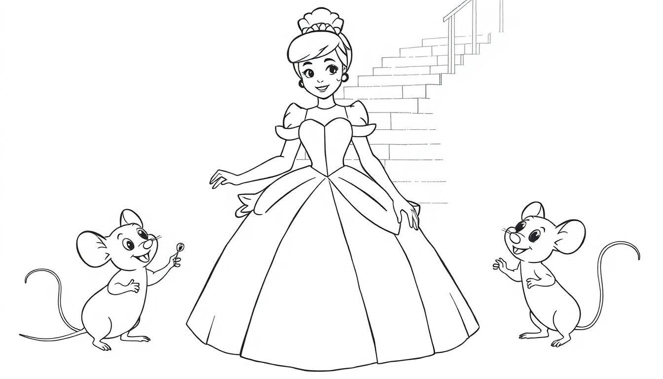 Aschenputtel im Ballkleid mit Mäusen, bereit zum Ausmalen (Farbtafel).
