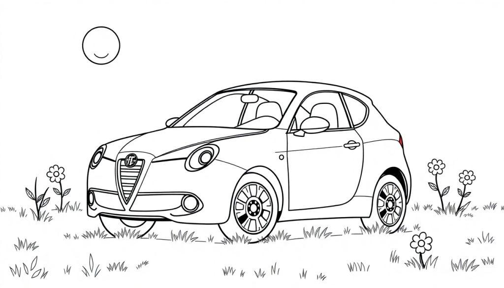Schwarz-Weiß-Farbtafel eines Alfa Romeo MiTo auf einer Blumenwiese mit einer lachenden Sonne.