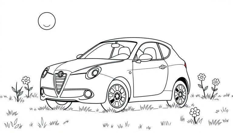 Schwarz-Weiß-Farbtafel eines Alfa Romeo MiTo auf einer Blumenwiese mit einer lachenden Sonne.