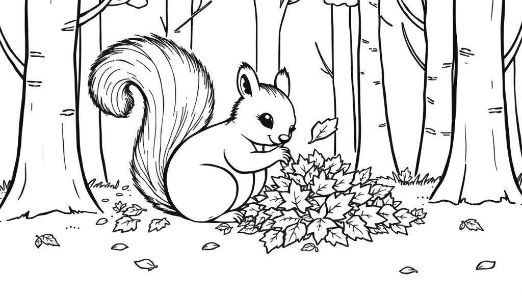 Niedliches Eichhörnchen mit Herbstlaub, Farbtafel-Ausmalbild.