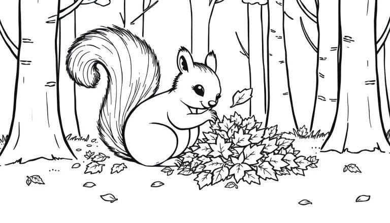Niedliches Eichhörnchen mit Herbstlaub, Farbtafel-Ausmalbild.