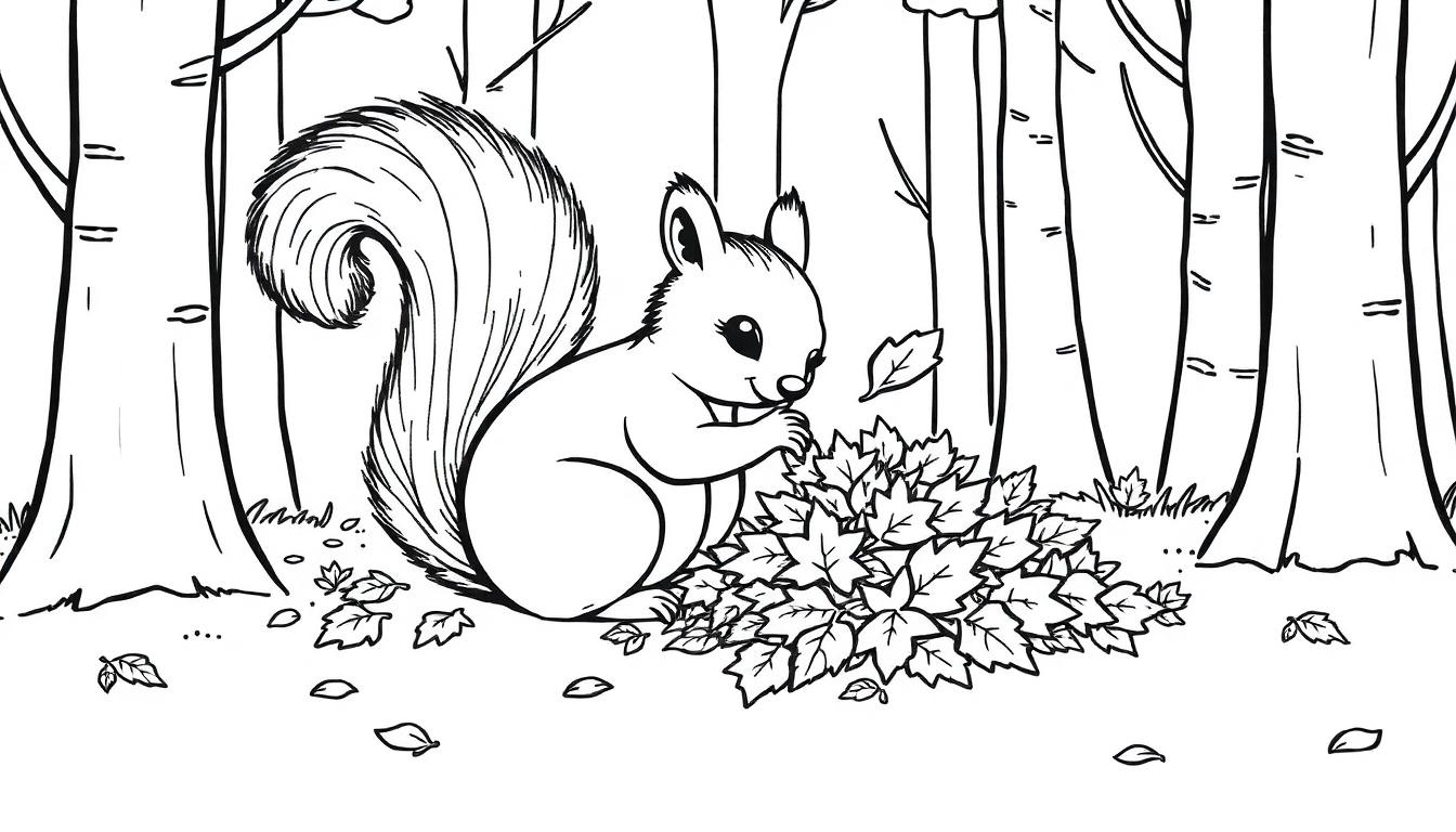 Niedliches Eichhörnchen mit Herbstlaub, Farbtafel-Ausmalbild.