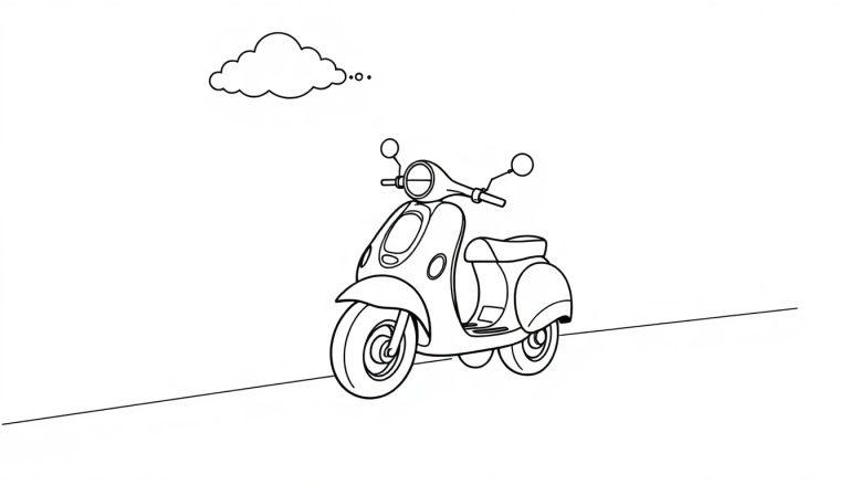 Ein Schwarz-Weiß-Malvorlagen-Bild eines niedlichen Motorrollers auf einer Straße unter einer Wolke, eine Farbtafel für Kinder.
