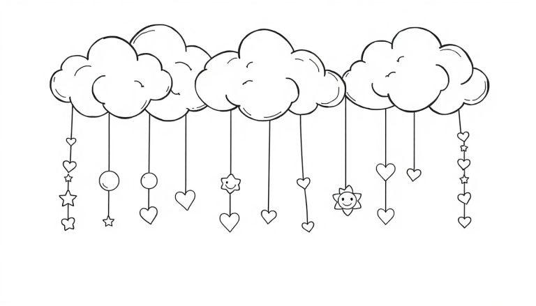 Farbtafel: Fünf stilistische weiße Wolken mit schwarzen Umrandungen, von denen bunte Girlanden mit Sternen, Herzen und lachenden Sonnen herabhängen.