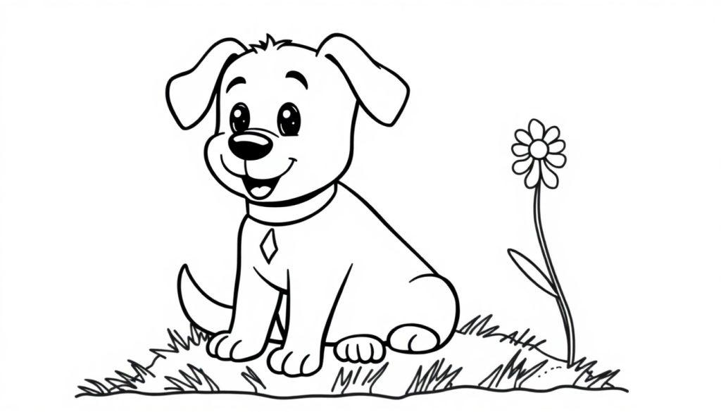 Farbtafel: Ein Cartoon-Hund sitzt neben einer Blume im Gras.