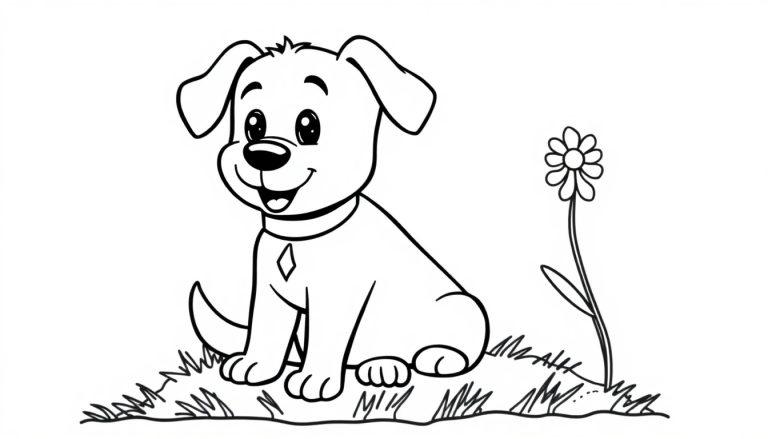Farbtafel: Ein Cartoon-Hund sitzt neben einer Blume im Gras.