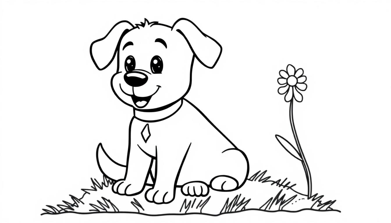 Farbtafel: Ein Cartoon-Hund sitzt neben einer Blume im Gras.