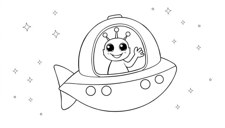 Ein süßes Schwarz-Weiß-Ausmalbild eines Aliens in einem Raumschiff, das winkt, umgeben von Sternen.