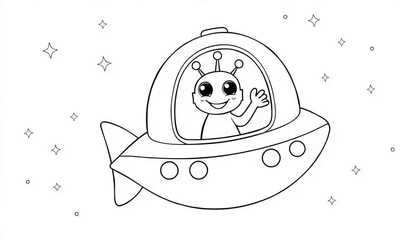 Ein süßes Schwarz-Weiß-Ausmalbild eines Aliens in einem Raumschiff, das winkt, umgeben von Sternen.