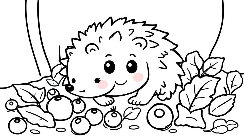 Eine süße Cartoon-Farbtafel eines Igels, der zwischen Blättern und Beeren sitzt.