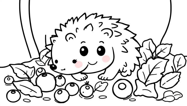 Eine süße Cartoon-Farbtafel eines Igels, der zwischen Blättern und Beeren sitzt.