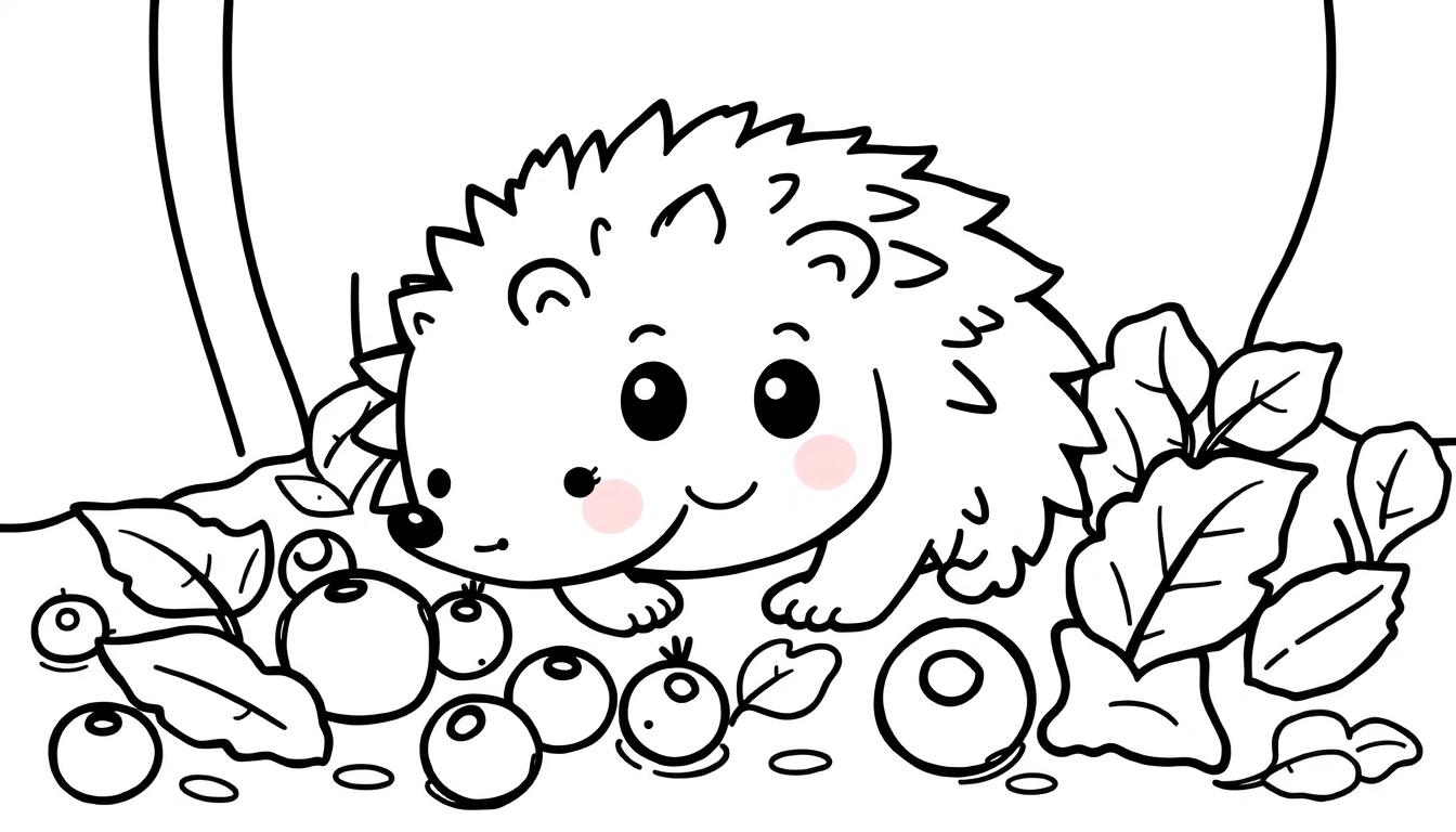 Eine süße Cartoon-Farbtafel eines Igels, der zwischen Blättern und Beeren sitzt.