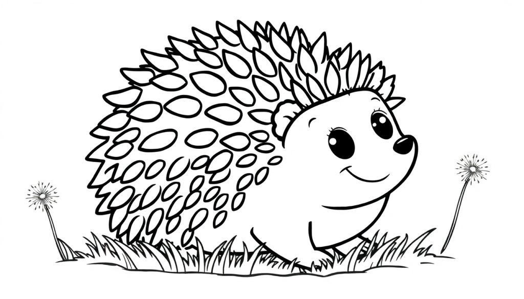 Schwarz-weißer Cartoon-Igel mit fröhlichen Augen, bereit zum Ausmalen – eine Farbtafel.