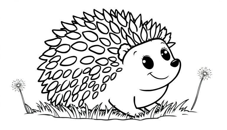 Schwarz-weißer Cartoon-Igel mit fröhlichen Augen, bereit zum Ausmalen – eine Farbtafel.