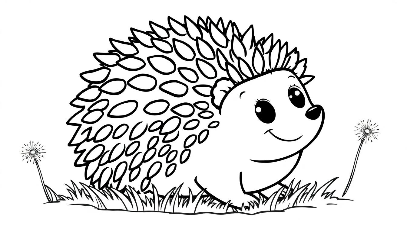 Schwarz-weißer Cartoon-Igel mit fröhlichen Augen, bereit zum Ausmalen – eine Farbtafel.