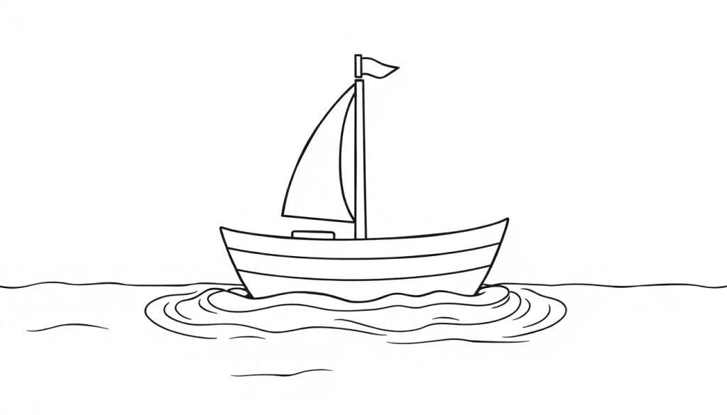 Farbtafel: Ein süßes kleines Holzsegelboot mit einem Mast und einem Segel auf aufregenden Wellen.