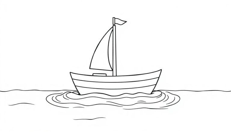 Farbtafel: Ein süßes kleines Holzsegelboot mit einem Mast und einem Segel auf aufregenden Wellen.