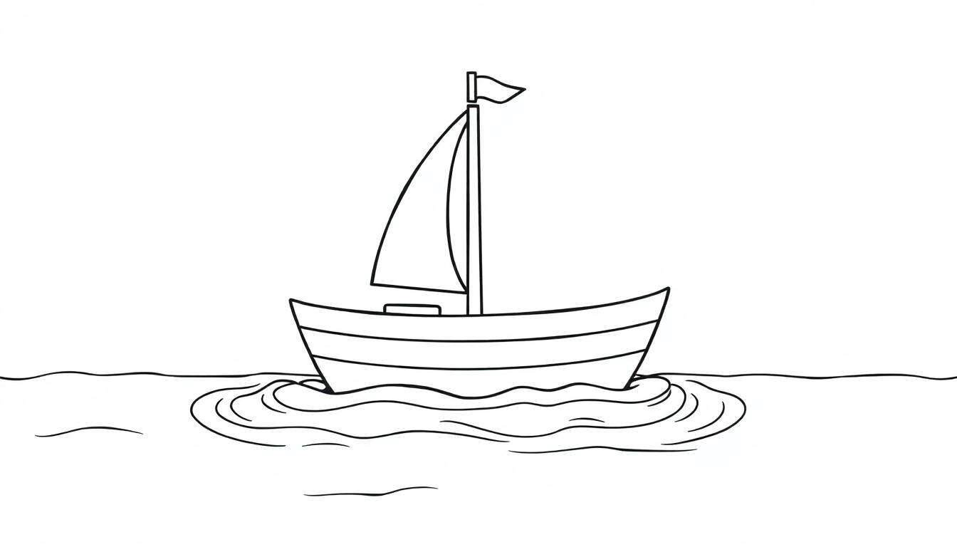 Farbtafel: Ein süßes kleines Holzsegelboot mit einem Mast und einem Segel auf aufregenden Wellen.