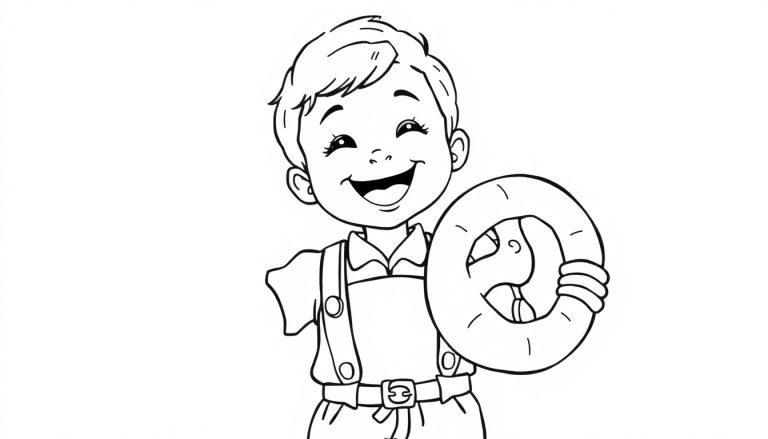 Schwarz-weiß Ausmalbild eines lächelnden Jungen mit Hosenträgern und einem Reifen. Farbtafel.