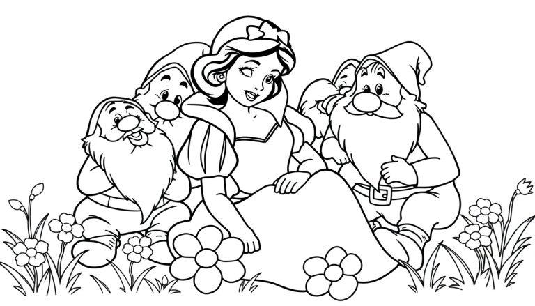 Schwarz-Weiß-Farbtafel von Schneewittchen mit Zwergen inmitten von Blumen.