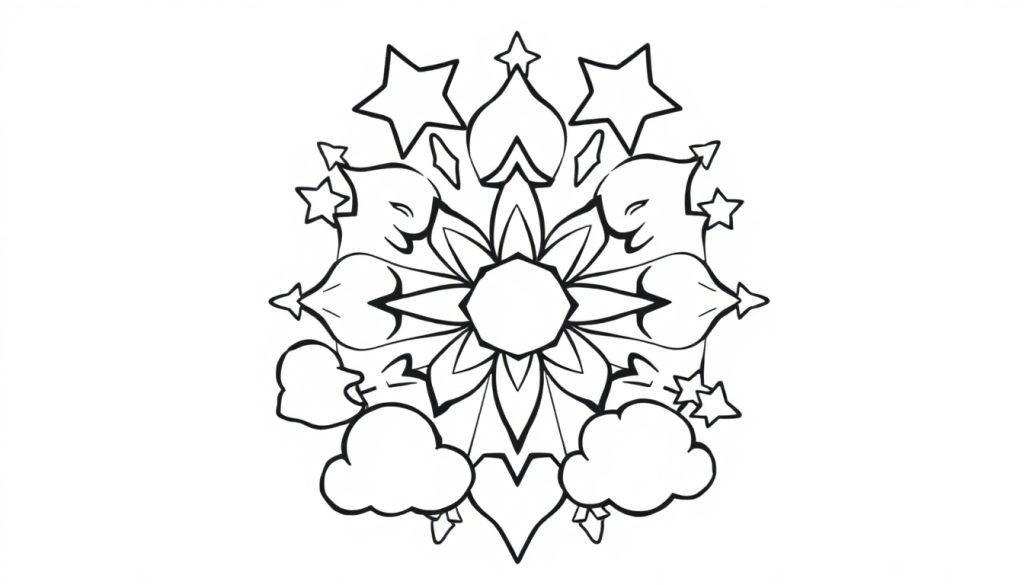 Eine schwarz-weiße Farbtafel eines Mandalas mit Sternen und Wolken für Kinder zum Ausmalen.