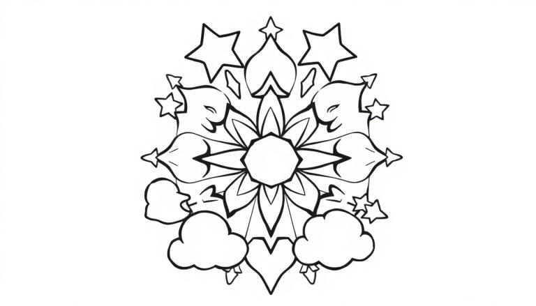 Eine schwarz-weiße Farbtafel eines Mandalas mit Sternen und Wolken für Kinder zum Ausmalen.