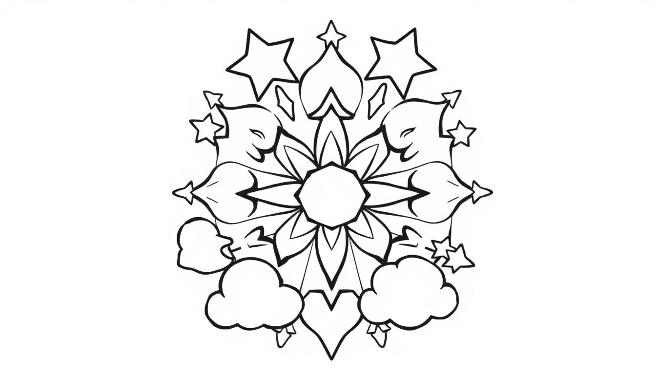 Eine schwarz-weiße Farbtafel eines Mandalas mit Sternen und Wolken für Kinder zum Ausmalen.
