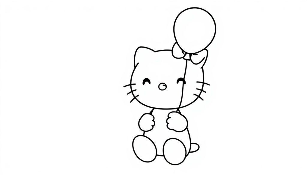 Hello Kitty mit einem Ballon, eine Schwarz-Weiß-Farbtafel zum Ausmalen.