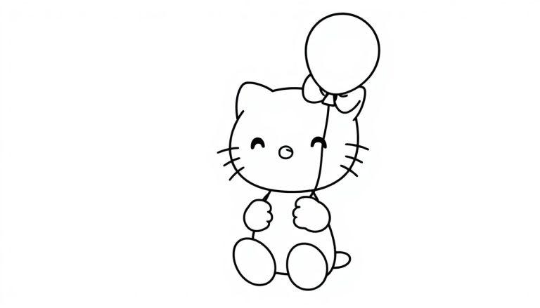 Hello Kitty mit einem Ballon, eine Schwarz-Weiß-Farbtafel zum Ausmalen.