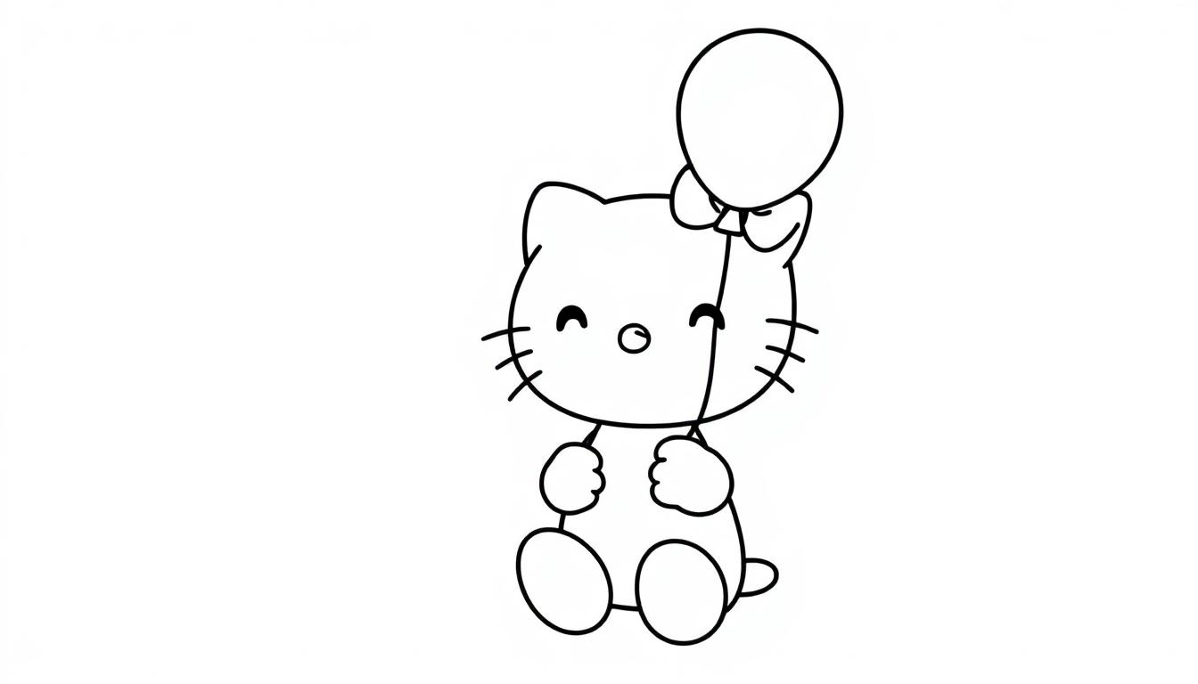 Hello Kitty mit einem Ballon, eine Schwarz-Weiß-Farbtafel zum Ausmalen.