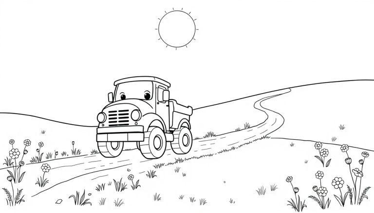 Eine Schwarz-Weiß-Zeichnung eines lächelnden Cartoon-LKWs auf einer Straße, bereit zum Ausmalen, Sonnenschein inklusive Farbtafel.