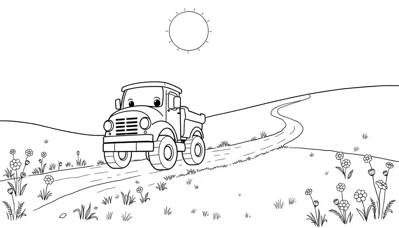 Eine Schwarz-Weiß-Zeichnung eines lächelnden Cartoon-LKWs auf einer Straße, bereit zum Ausmalen, Sonnenschein inklusive Farbtafel.