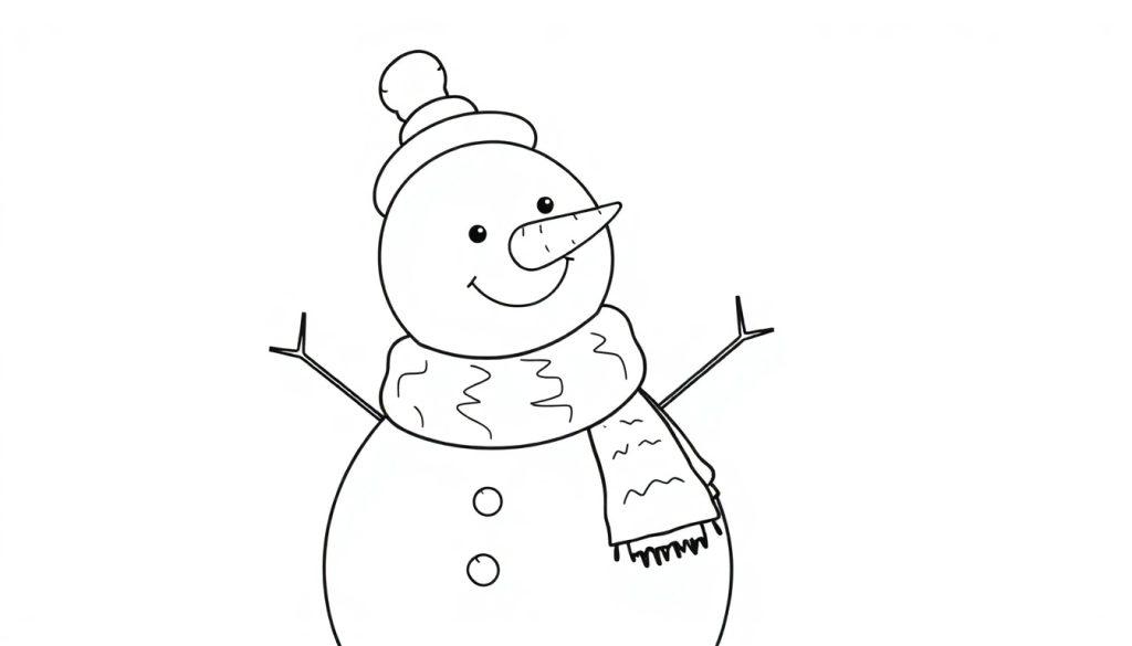 Eine Schwarz-Weiß-Farbtafel eines lächelnden Schneemanns mit Hut und Schal.