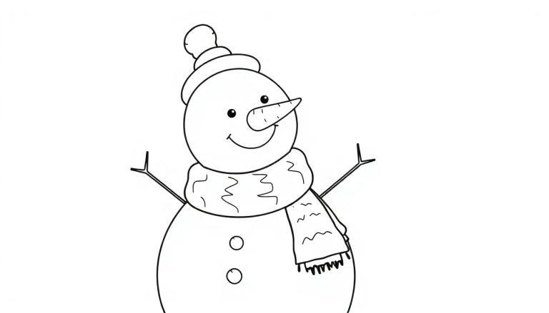 Eine Schwarz-Weiß-Farbtafel eines lächelnden Schneemanns mit Hut und Schal.