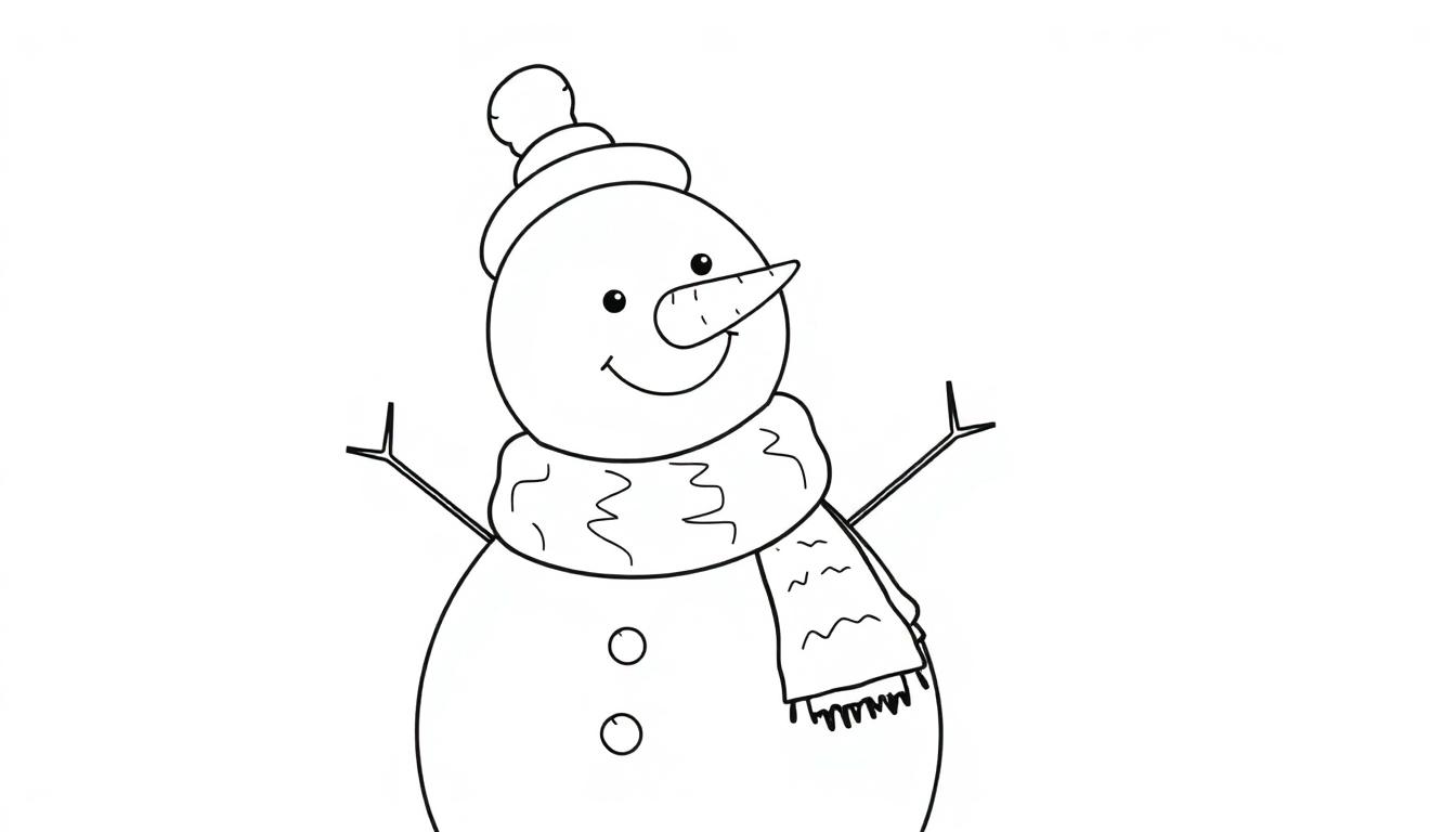 Eine Schwarz-Weiß-Farbtafel eines lächelnden Schneemanns mit Hut und Schal.