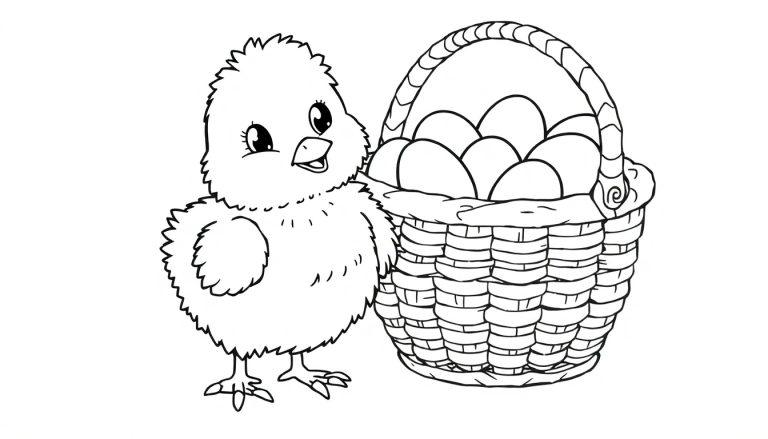 Ein süßes Küken neben einem Korb voller Eier, eine Schwarz-Weiß-Farbtafel zum Ausmalen für Kinder.