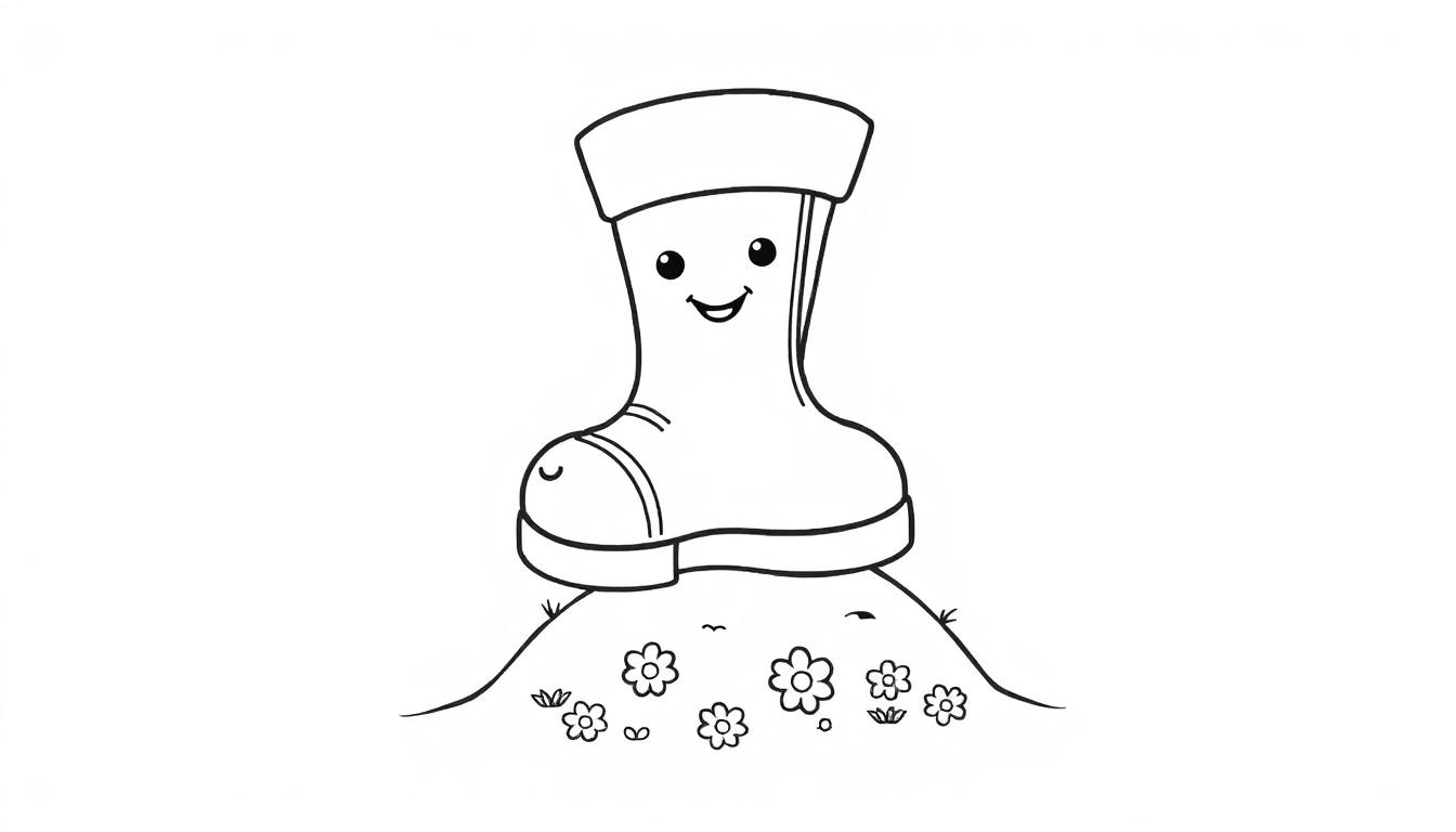 Schwarz-weiße Farbtafel-Zeichnung eines fröhlichen Gummistiefels mit Gesicht auf einem blumengeschmückten Hügel.