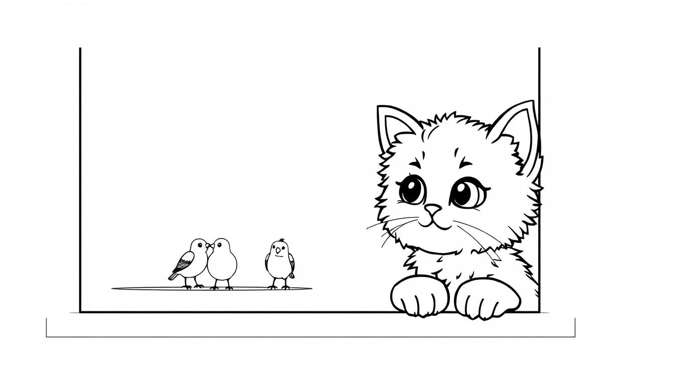 Schwarz-Weiß-Farbtafel einer Katze, die neugierig aus einem Fenster schaut, während drei Vögel auf dem Sims sitzen.