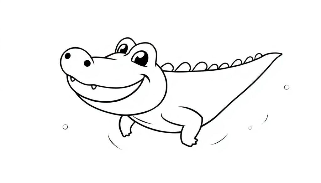 Eine Schwarz-Weiß-Farbtafel eines freundlichen Cartoon-Krokodils, das im Wasser schwebt.