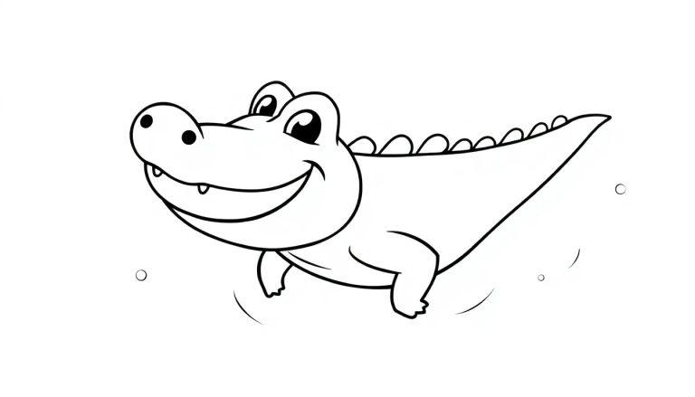Eine Schwarz-Weiß-Farbtafel eines freundlichen Cartoon-Krokodils, das im Wasser schwebt.