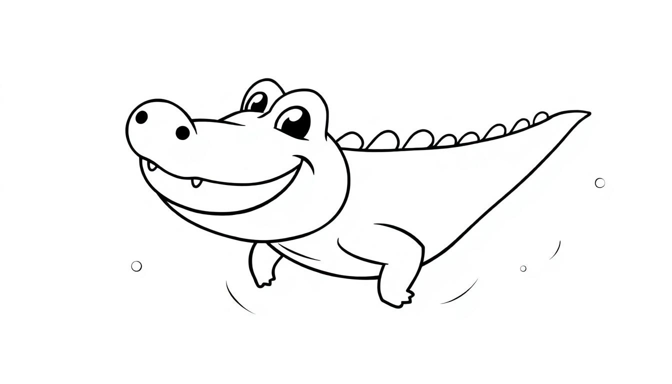 Eine Schwarz-Weiß-Farbtafel eines freundlichen Cartoon-Krokodils, das im Wasser schwebt.